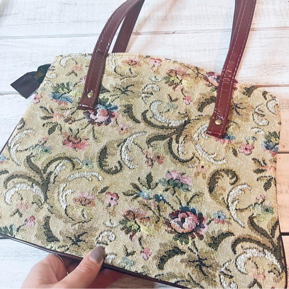 VTG CARPET HANDBAG CANVAS FLORAL RED LEATHER - Picture 6 of 12